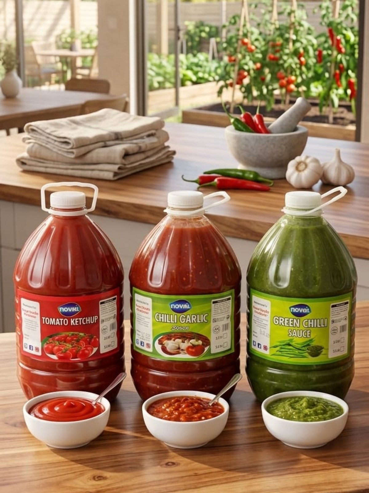 Tomato Ketchup, Chilli Garlic & Green Chilli Sauce — 3 Bottle Package - Image 2